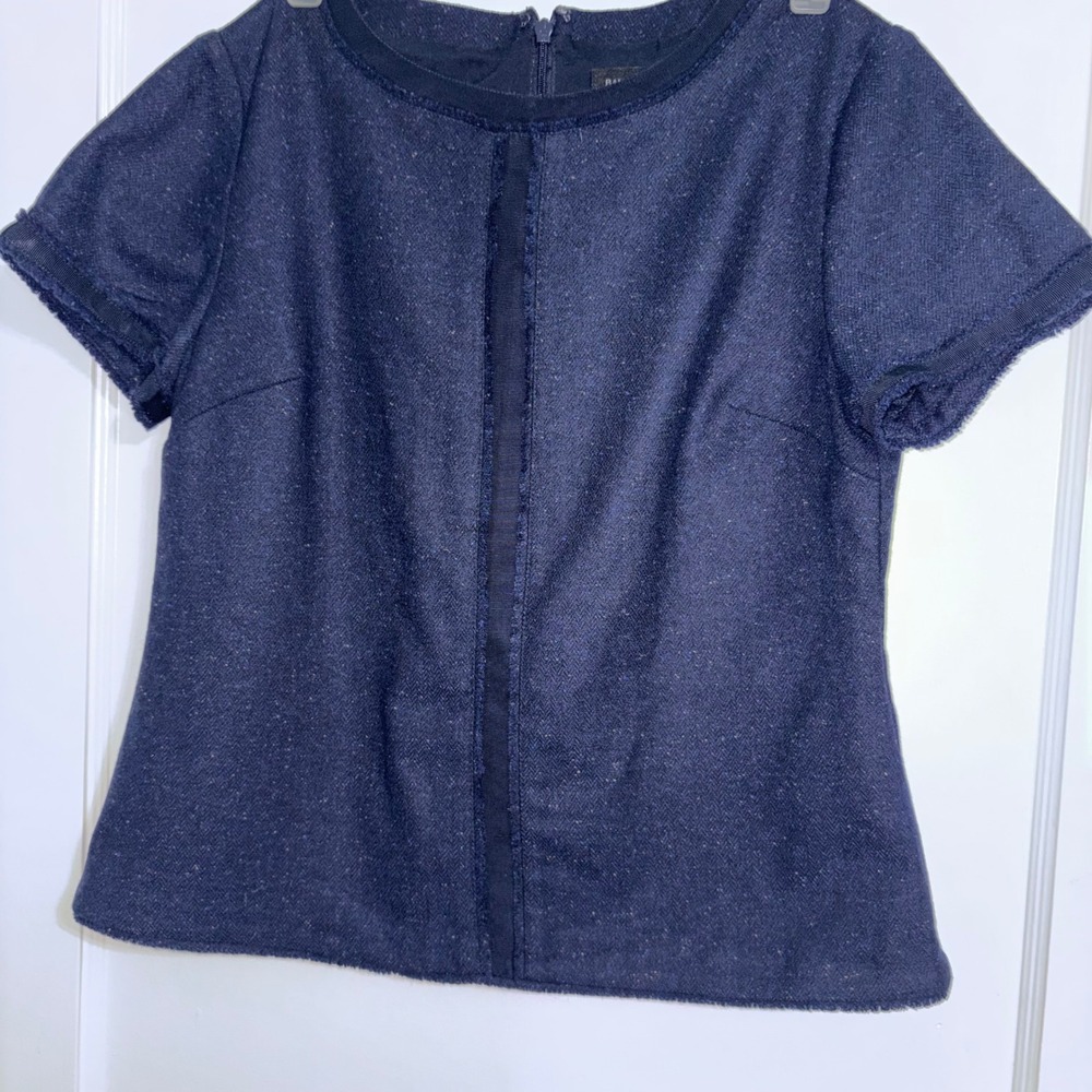 Banana Republic Navy Blue Tweed Short Sleeve Blouse Grosgrain Trim Petite 2